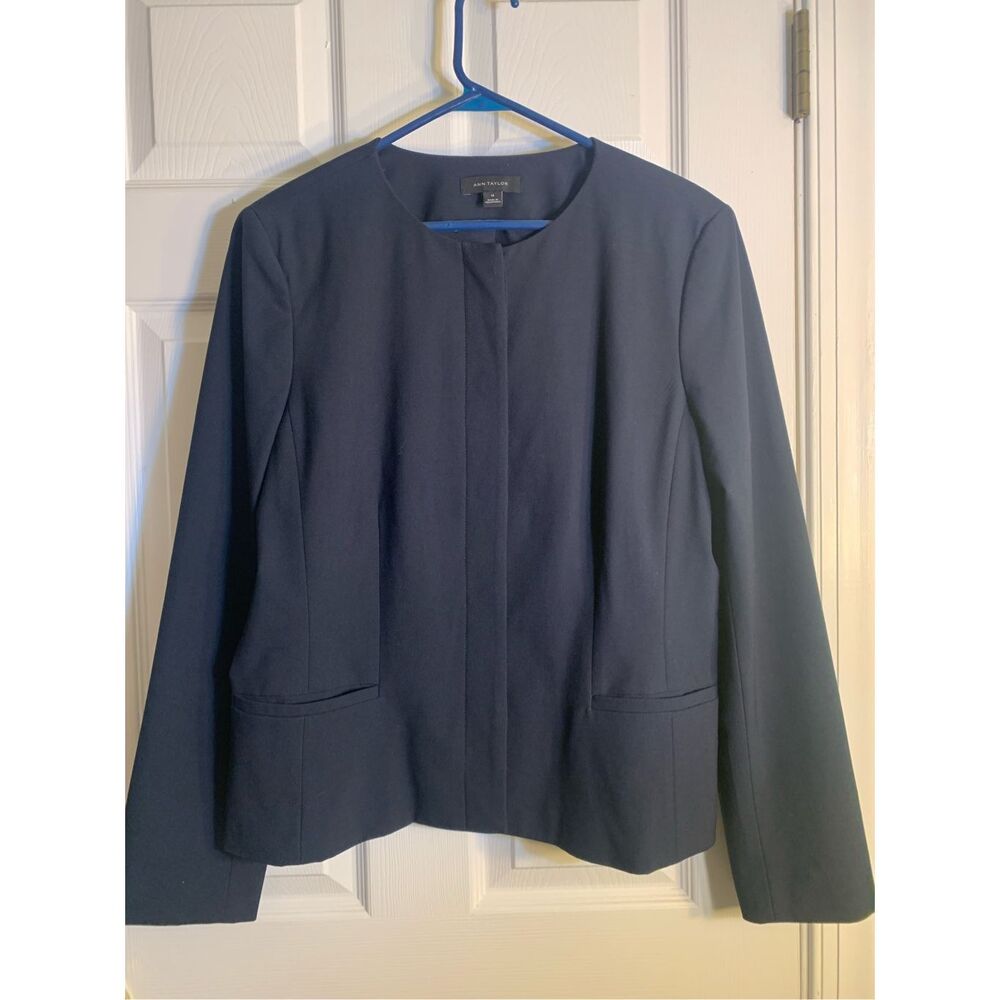 ANN TAYLOR BLAZER NAVY LONG SLEEVES 2 FRONT POCKETS CORPCORE SZ 14